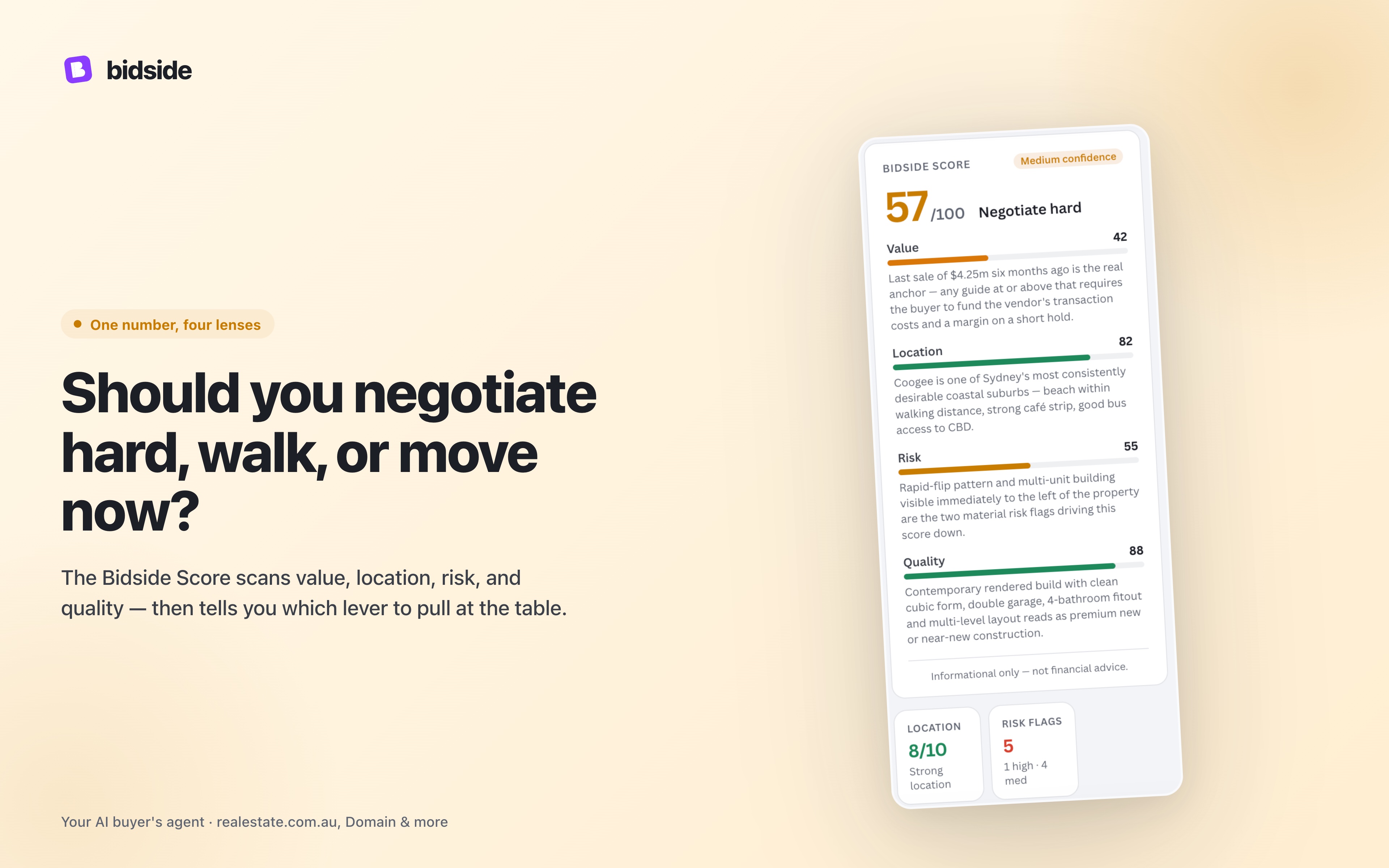 Bidside Score of 57 out of 100 with a 'Negotiate hard' verdict, broken down across Value, Location, Risk, and Quality with a one-line explanation for each.